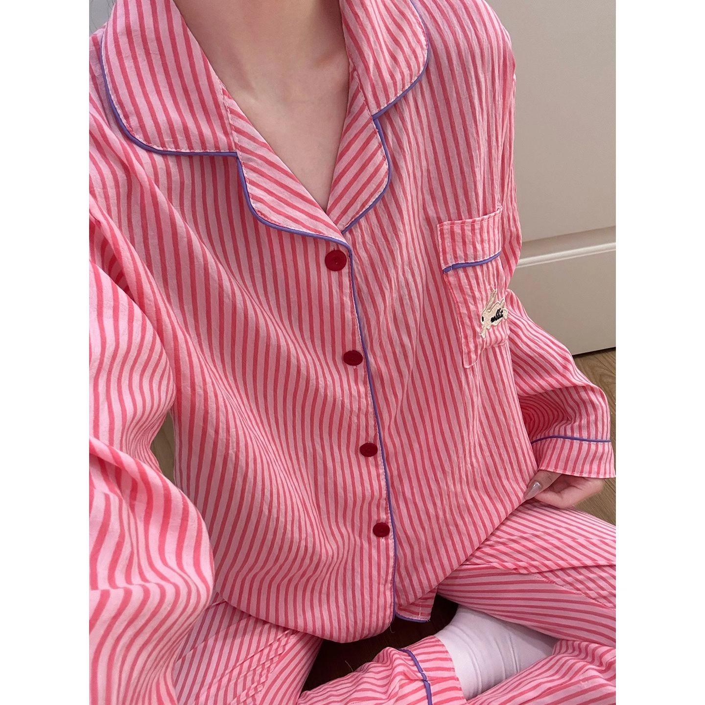 静英鸾 简约粉条纹小兔休闲风格舒适长袖家居服睡衣套装 女款