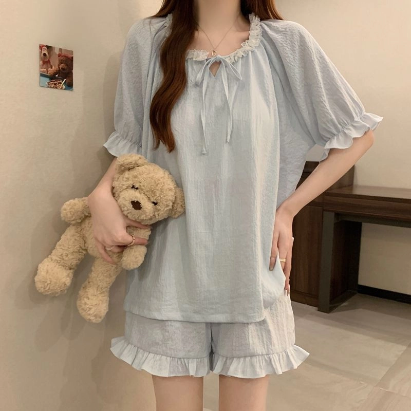 静英鸾 休闲舒适简约透气宽松圆领花边设计家居服睡衣套装 女款