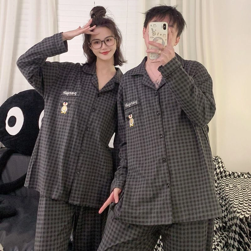 静英鸾 卡通企鹅格子甜美风休闲舒适家居服睡衣套装 男女同款