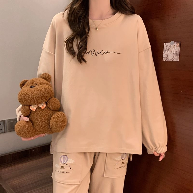 静英鸾 德绒长袖长裤圆领套头纯色简约两件套家居服秋冬季保暖套装 女款
