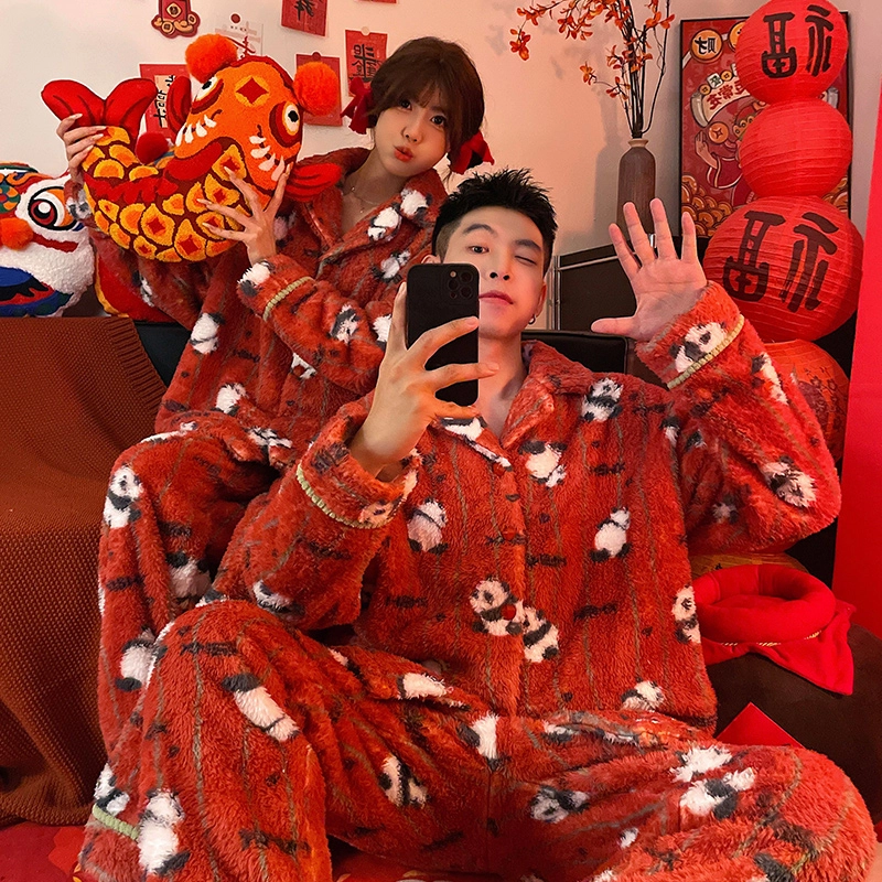 静英鸾 秋冬季卡通熊猫条纹甜美风珊瑚绒保暖加绒加厚休闲舒适家居服睡衣套装 男女同款