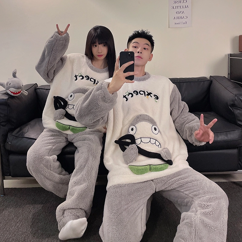 静英鸾 可爱小鲨鱼甜美风圆领珊瑚绒加绒加厚保暖秋冬季休闲舒适家居服睡衣套装 男女同款
