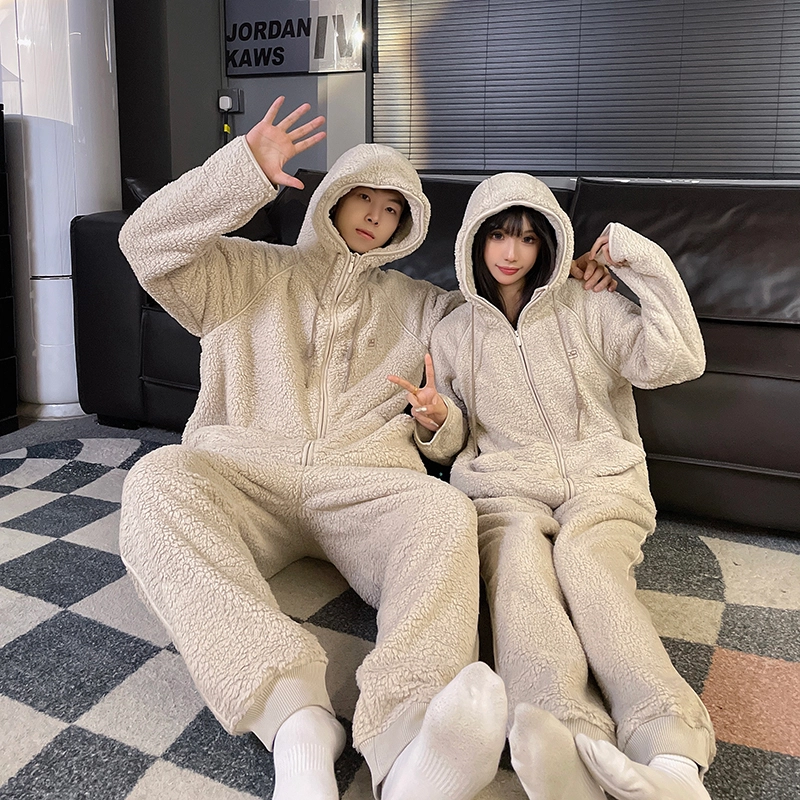 静英鸾 纯色珊瑚绒加绒加厚保暖连帽甜美风休闲舒适家居服秋冬季睡衣套装 男女同款