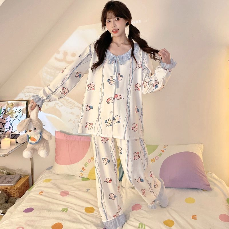静英鸾 德绒长袖长裤圆领开衫卡通条纹兔子两件套家居服秋冬季保暖套装 女款