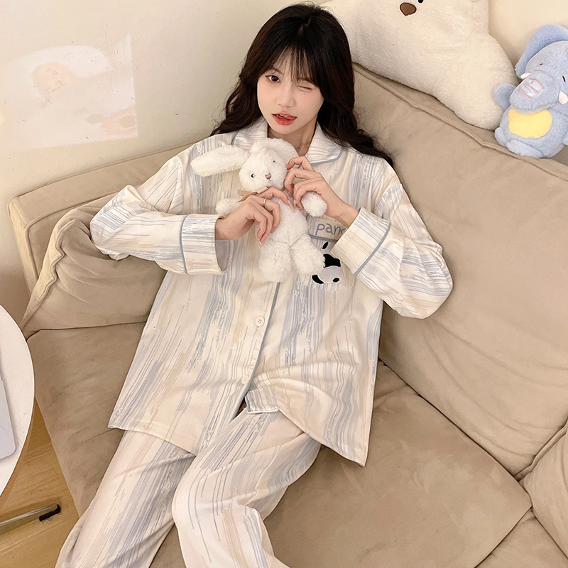 静英鸾 冬季翻领可爱熊猫甜美风德绒加厚保暖休闲舒适家居服睡衣套装 女款