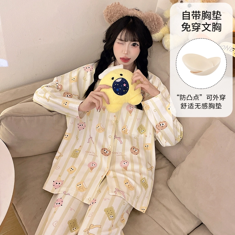 静英鸾 带胸垫长袖长裤翻领开衫卡通条纹小饼干家居服睡衣套装 女款