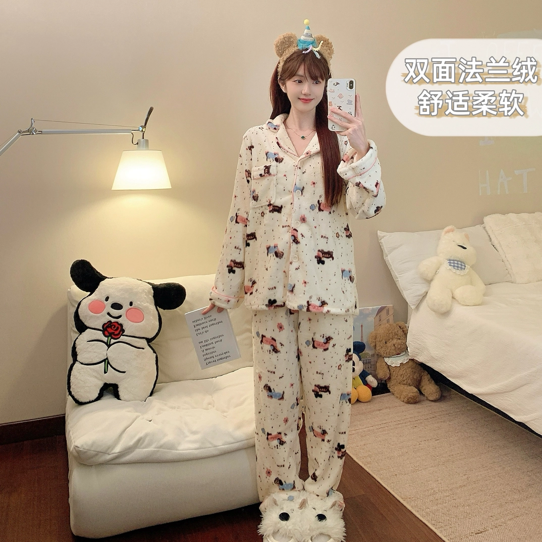 静英鸾 冬季宅家可爱腊肠狗甜美风珊瑚绒加绒加厚家居服睡衣套装 女款