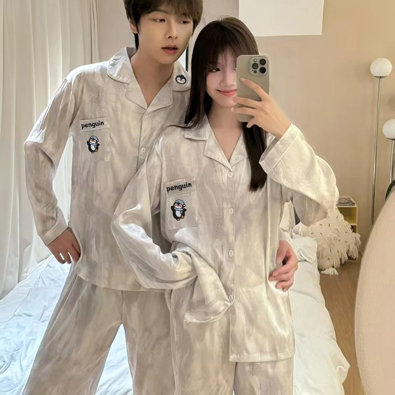 静英鸾 情侣舒适简约休闲风长袖长裤卡通企鹅图案家居服睡衣套装 男女同款