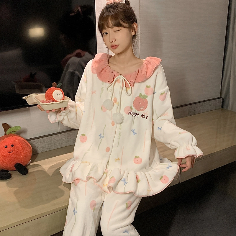 静英鸾 休闲时尚卡通可爱印花草莓保暖亲肤舒适可外穿家居服睡衣套装 女款