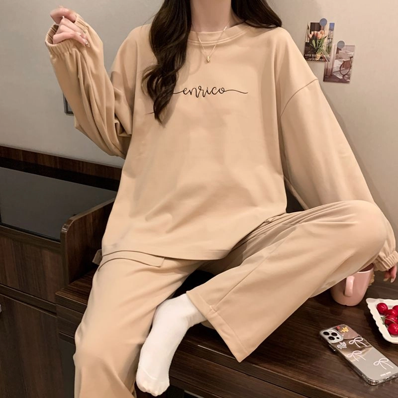 静英鸾 德绒长袖长裤圆领套头纯色简约两件套家居服秋冬季保暖套装 女款