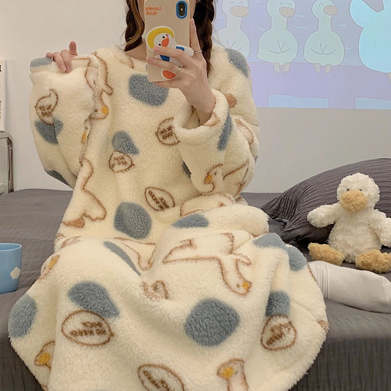 静英鸾 可外穿舒适简约保暖加绒加厚圆领设计家居服睡裙 女款