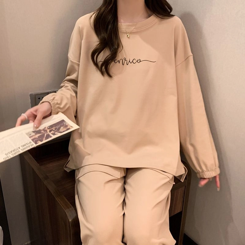 静英鸾 德绒长袖长裤圆领套头纯色简约两件套家居服秋冬季保暖套装 女款
