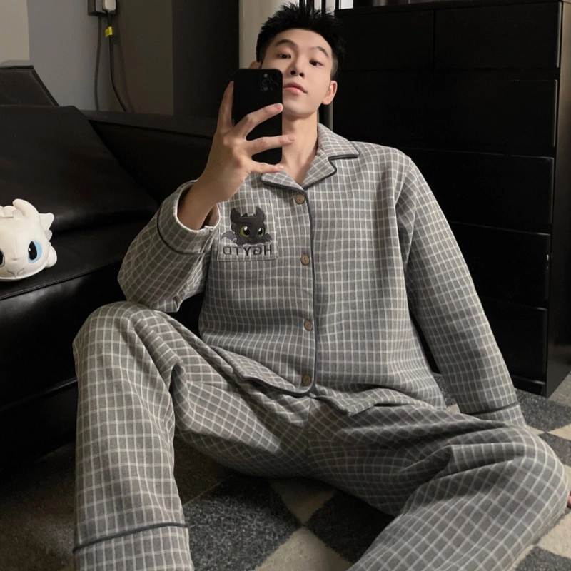 静英鸾 休闲时尚简约格子可爱卡通亲肤保暖舒适可外穿家居服睡衣套装 男款