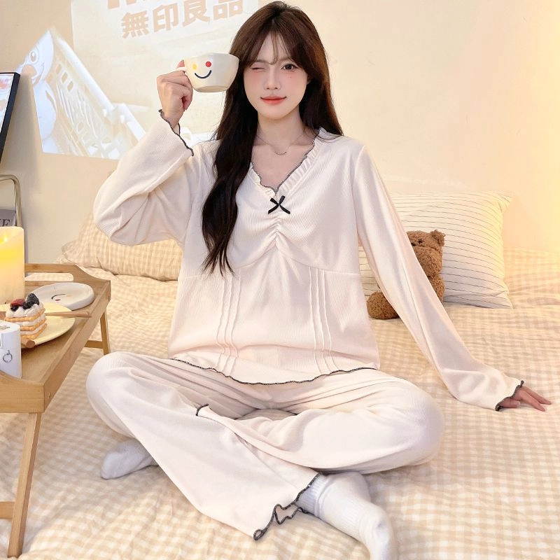 静英鸾 德绒长袖长裤圆领套头纯色可爱蝴蝶结两件套家居服秋冬季保暖套装 女款