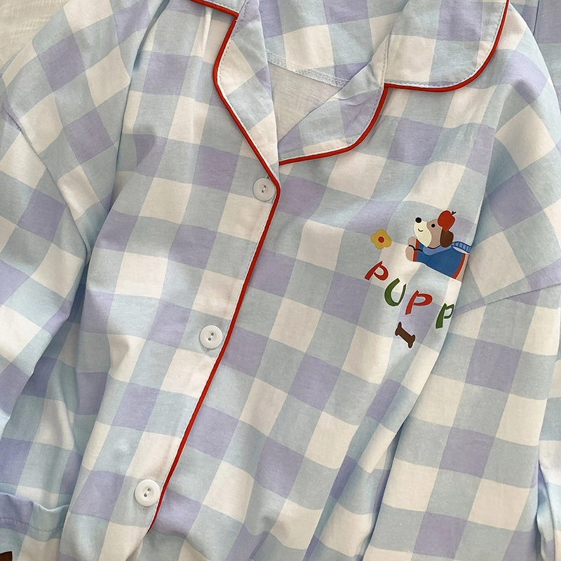 静英鸾 翻领格子卡通苹果甜美风休闲舒适家居服睡衣套装 女款