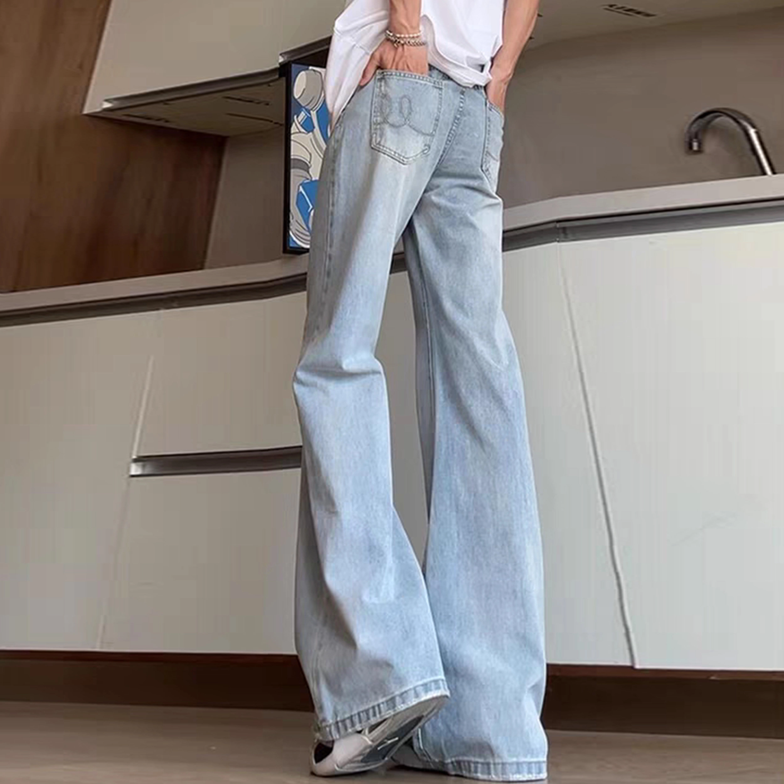 尘映 美式高街秋季弹力直筒微喇百搭显腿长裤子牛仔裤 男女同款