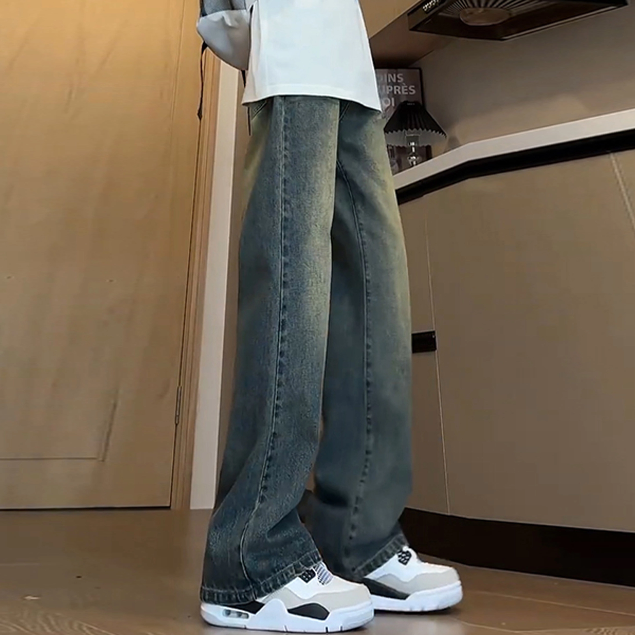 尘映 美式高街秋季弹力直筒微喇百搭显腿长裤子牛仔裤 男女同款