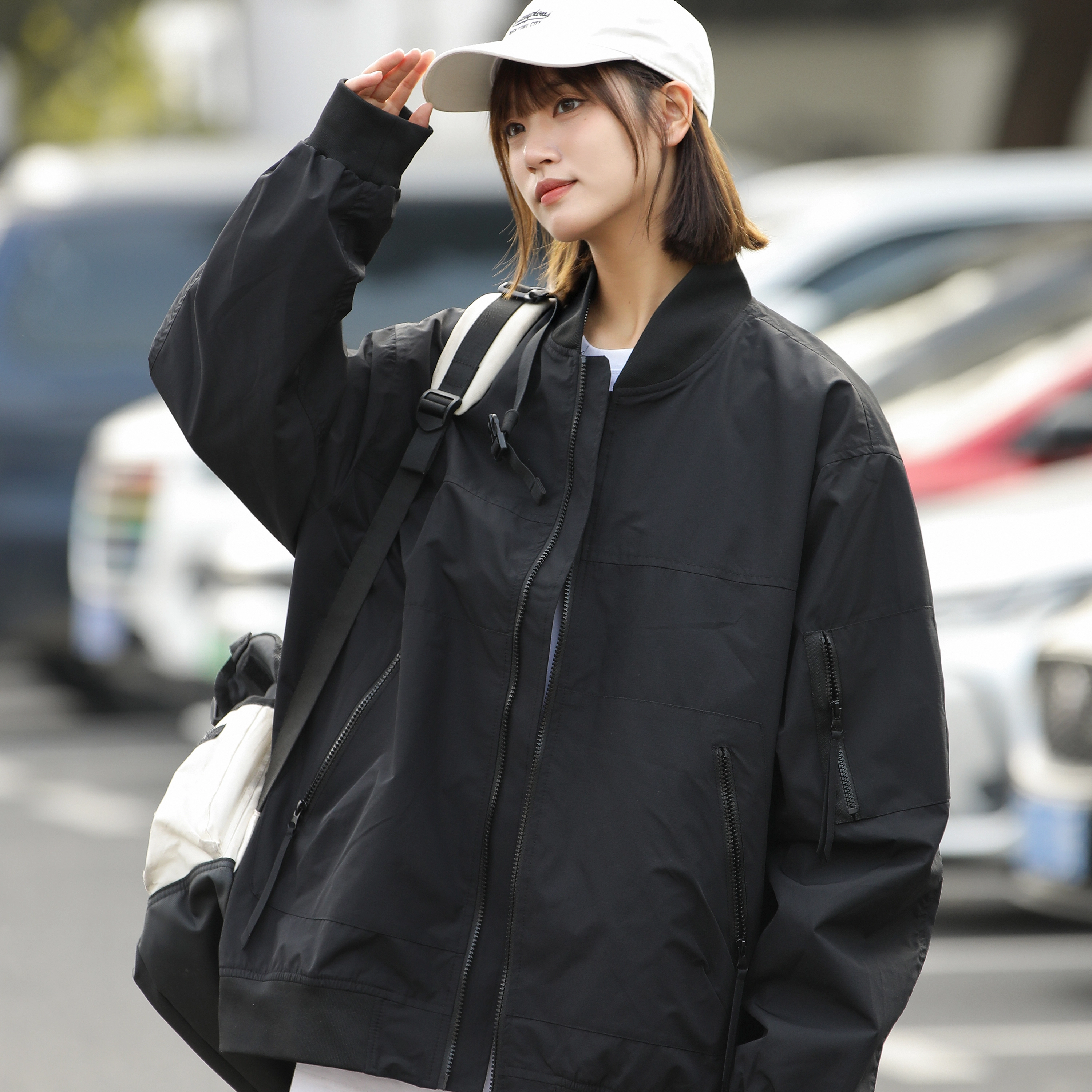 八哥 美式高街基础款经典纯色宽松复古潮流时尚舒适设计感百搭通勤简约工装飞行员翻领长袖外套棒球服夹克 男女同款