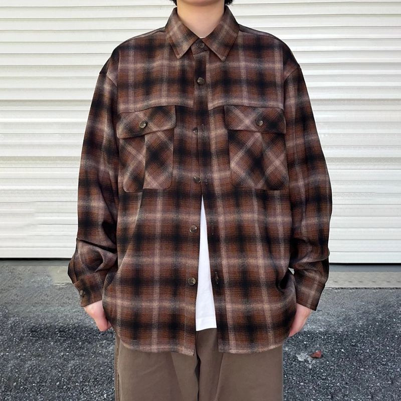宫奴 日系休闲潮牌复古慵懒风格纹宽松翻领工装长袖衬衫 男女同款