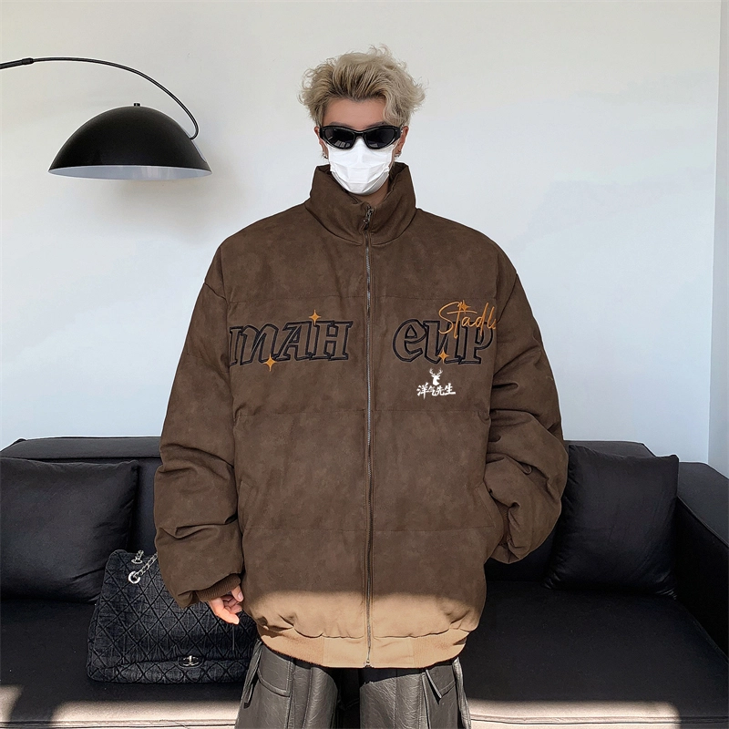 洋气先生 美式复古潮牌高街字母印花设计无性别主义宽松舒适保暖立领开衫拉链日常通勤户外防风休闲简约时尚潮流百搭上衣外套棉服 男女同款