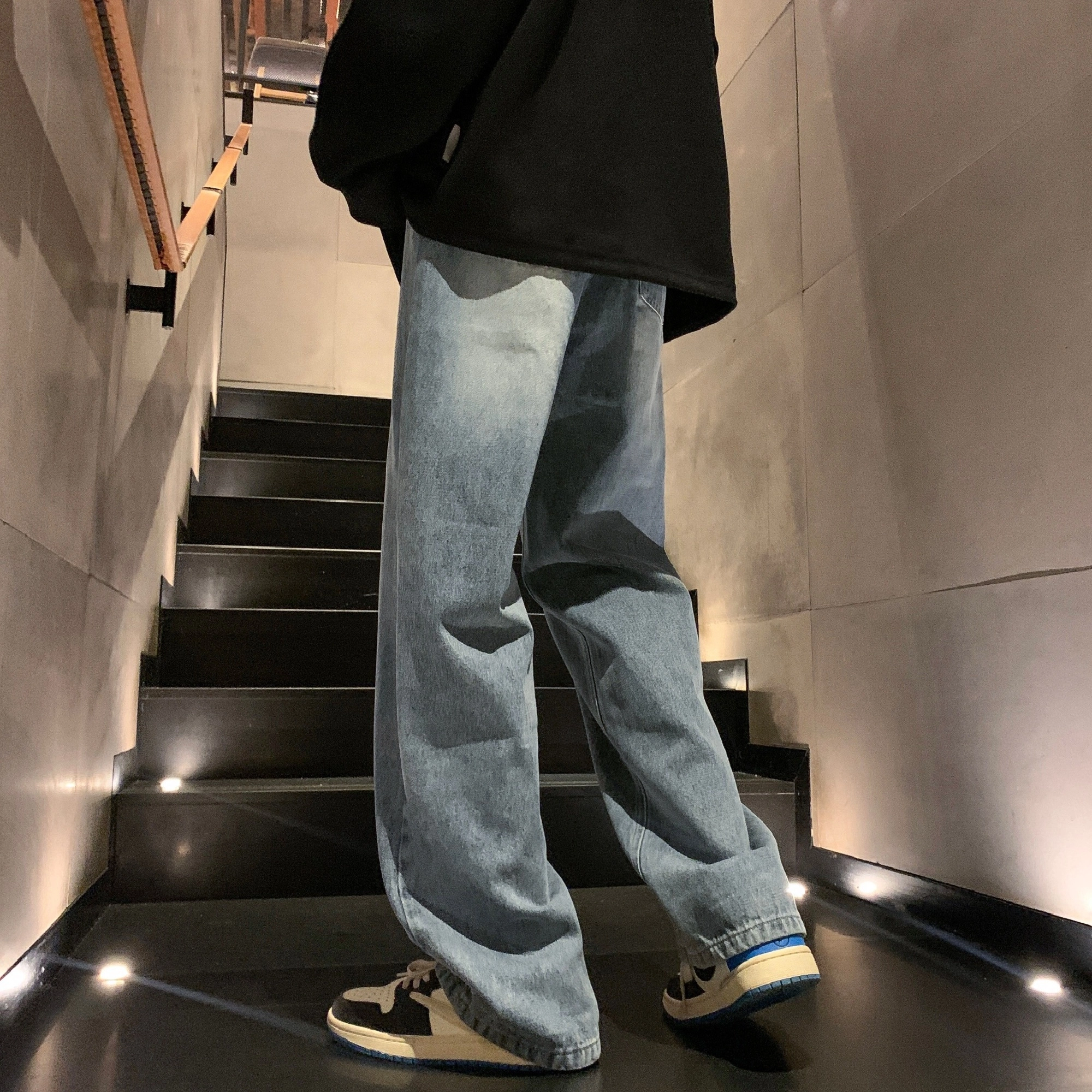 洋气先生 美式复古高街纯色水洗做旧磨白废土风宽松中腰松紧抽绳系带弹力直筒百搭阔腿无性别主义日常通勤运动休闲牛仔裤 男女同款