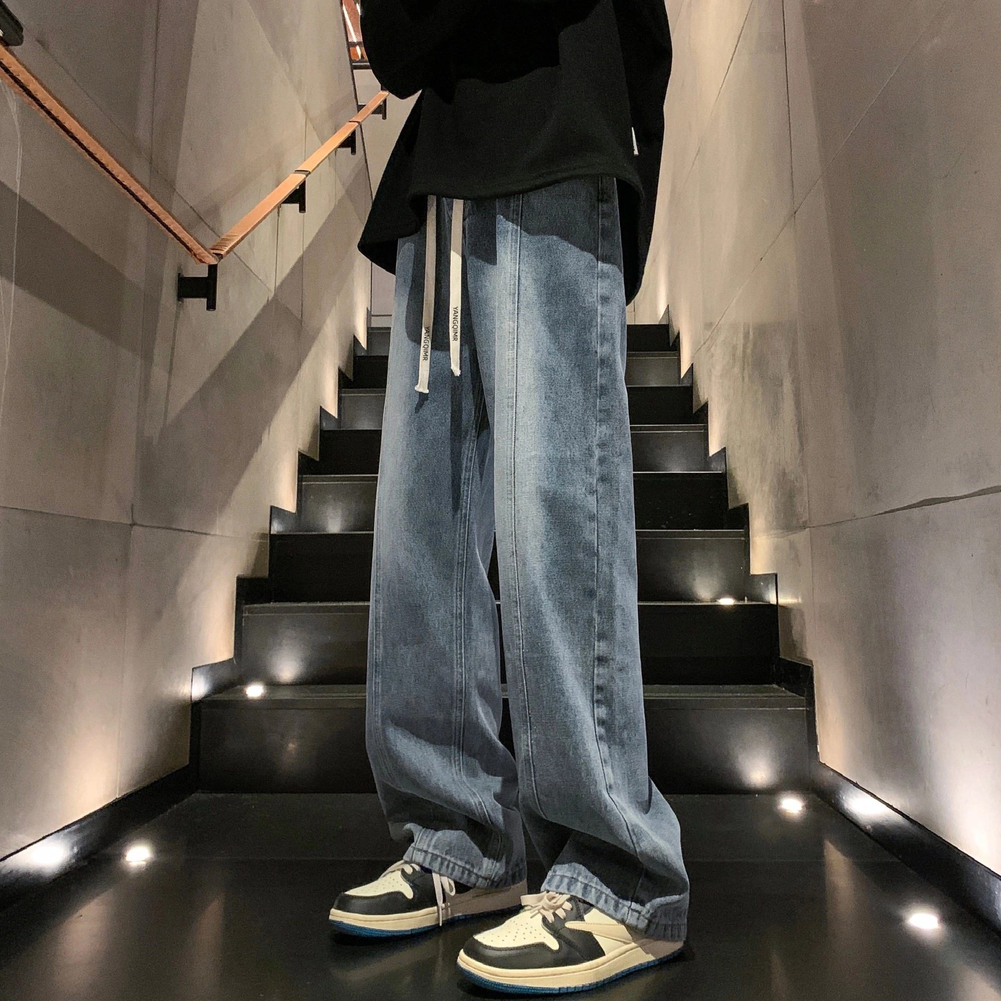 洋气先生 美式复古高街纯色水洗做旧磨白废土风宽松中腰松紧抽绳系带弹力直筒百搭阔腿无性别主义日常通勤运动休闲牛仔裤 男女同款