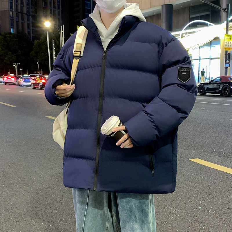 洋气先生 美式高街复古简约纯色基础款无性别主义加厚加绒保暖宽松潮流棉衣日常通勤百搭潮牌休闲防风立领臂章长袖棉服 男女同款