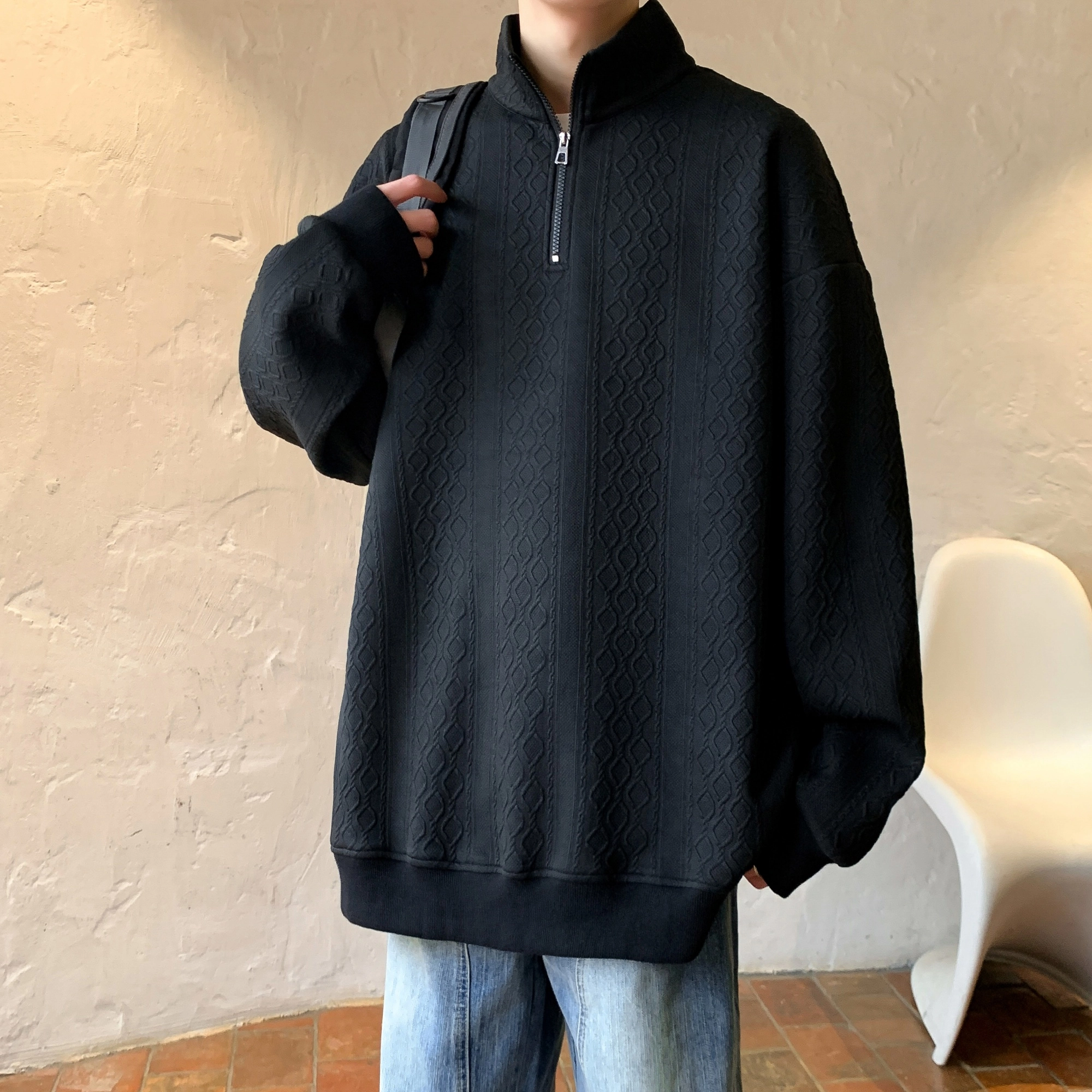洋气先生 美式复古纯色立领半拉链套头上衣春秋季提花潮牌重磅宽松休闲高街基础款百搭舒适多巴胺色系日常出行通勤运动长袖卫衣 男女同款