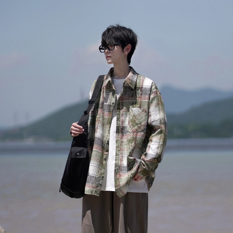 洋气先生 美式复古简约高级感时尚潮流气质百搭条纹花格扎染渐变文艺风日常休闲宽松舒适慵懒氛围感开衫单排扣翻领长袖外套衬衫 男女同款