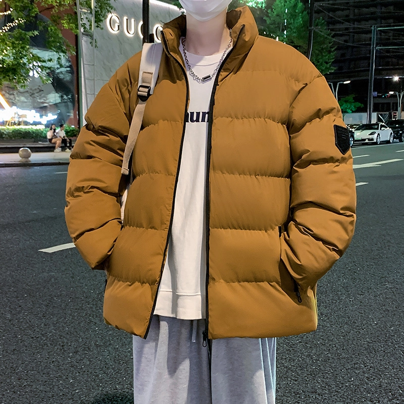洋气先生 美式高街复古简约纯色基础款无性别主义加厚加绒保暖宽松潮流棉衣日常通勤百搭潮牌休闲防风立领臂章长袖棉服 男女同款
