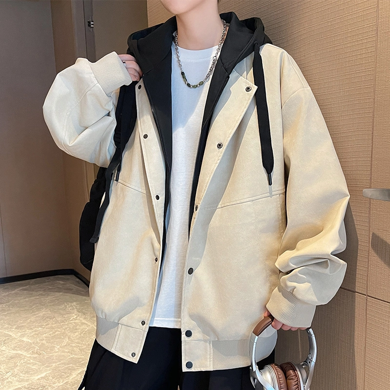 洋气先生 美式复古潮流做旧假两件设计连帽拉链长袖宽松休闲舒适保暖防风日常户外通勤徒步无性别主义简约百搭皮衣外套夹克 男女同款