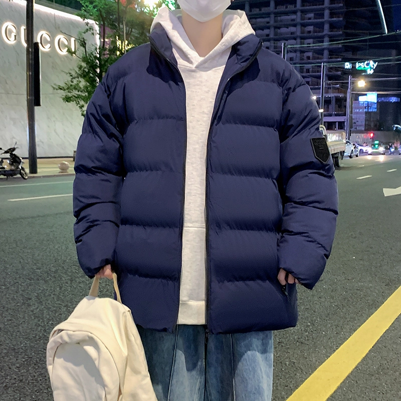 洋气先生 美式高街复古简约纯色基础款无性别主义加厚加绒保暖宽松潮流棉衣日常通勤百搭潮牌休闲防风立领臂章长袖棉服 男女同款