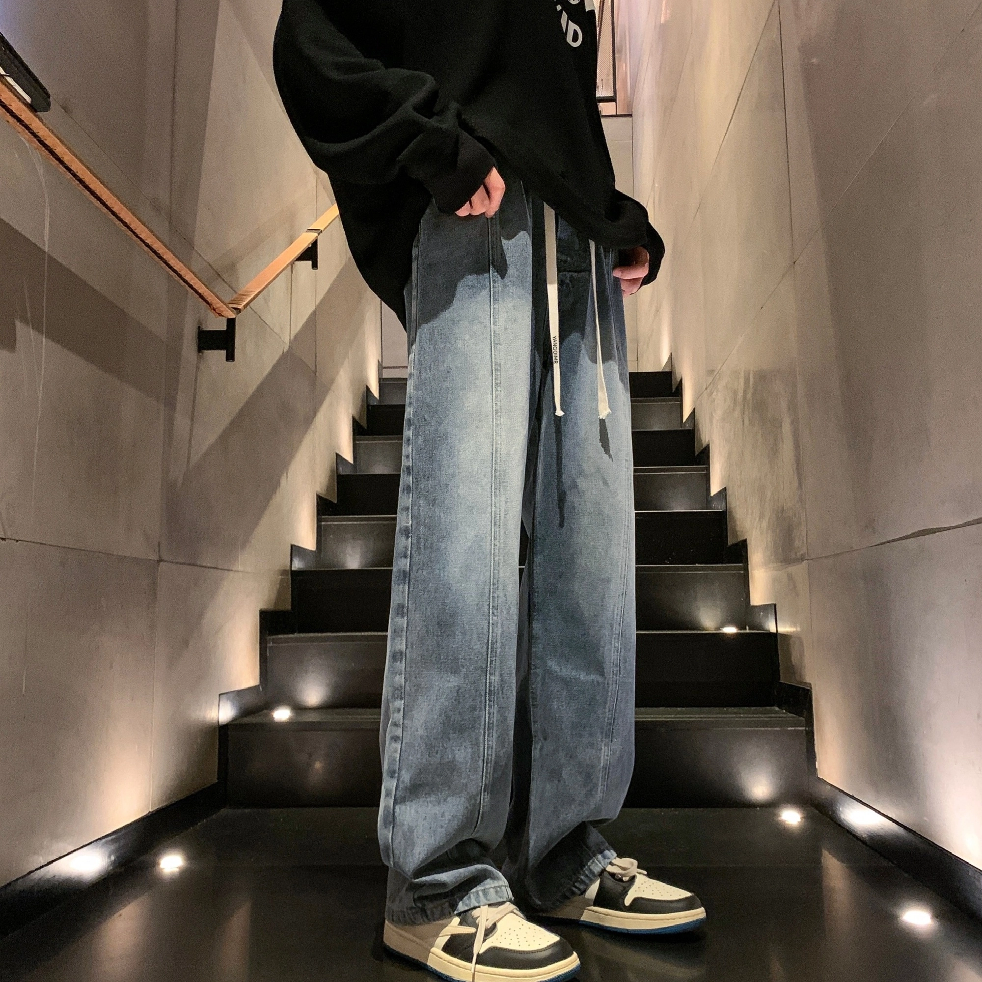 洋气先生 美式复古高街纯色水洗做旧磨白废土风宽松中腰松紧抽绳系带弹力直筒百搭阔腿无性别主义日常通勤运动休闲牛仔裤 男女同款