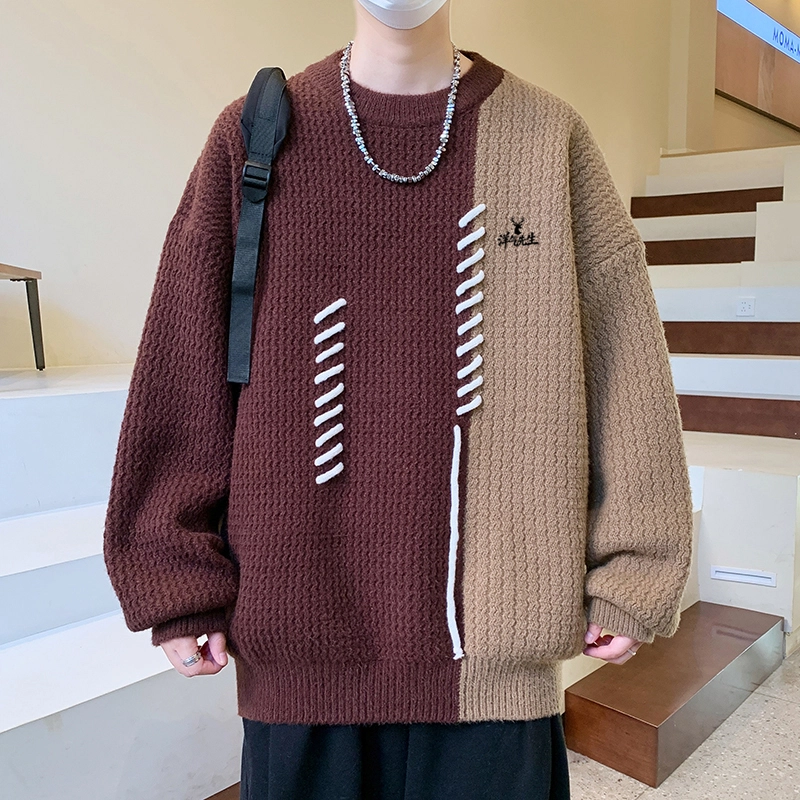 洋气先生 美式高街潮牌撞色拼接绣绳小众设计无性别主义潮流慵懒感个性卫衣日常通勤微阔圆领套头长袖简约休闲时尚百搭针织衫 男女同款