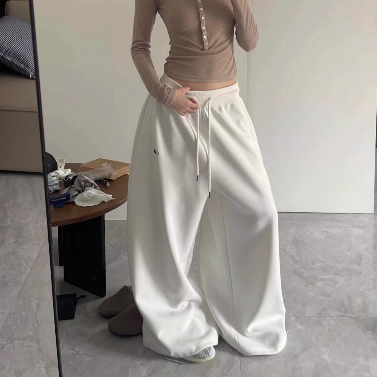 洋气先生 美式高街复古简约纯色小众设计感时尚潮流帅气百搭宽松阔腿垂感松紧中腰系带直筒显高显瘦学院风慵懒氛围感休闲裤 男女同款