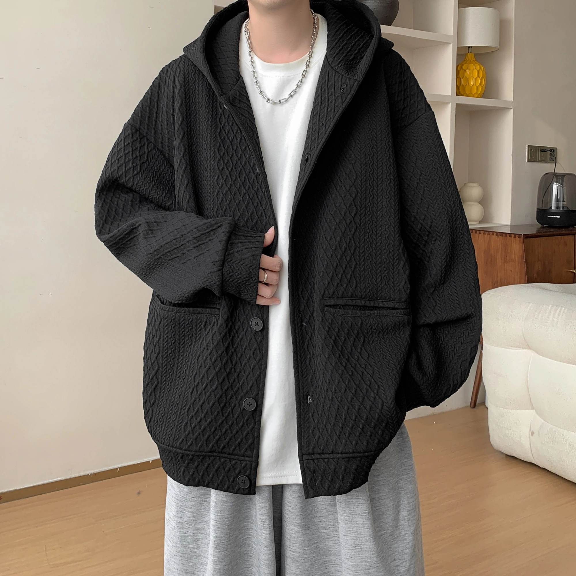 洋气先生 开衫纯色设计感麻花纹休闲宽松潮牌美式高街基础款重磅连帽外套运动日常通勤上衣百搭舒适学院风简约经典单排扣卫衣 男女同款