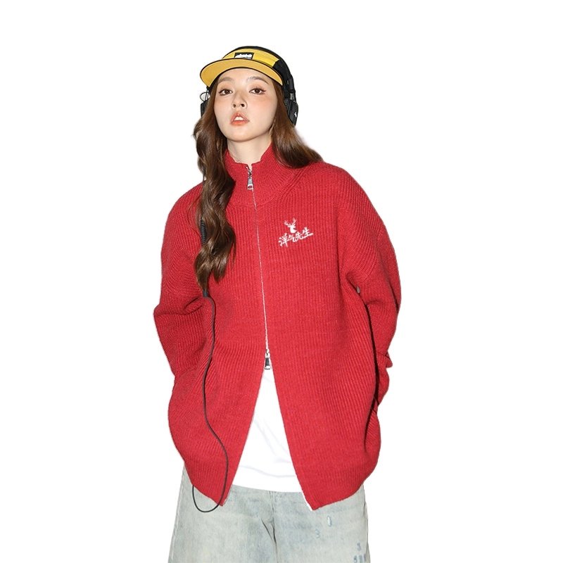 洋气先生 美式洋气潮牌时尚潮流简约大方软糯舒适宽松外穿纯色双拉链头设计长袖上衣日常通勤甜美酷帅无性别主义休闲百搭针织衫 男女同款