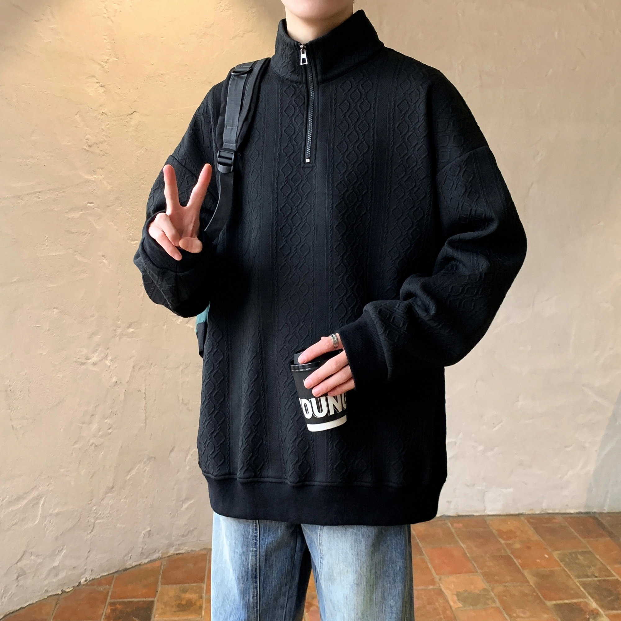 洋气先生 美式复古纯色立领半拉链套头上衣春秋季提花潮牌重磅宽松休闲高街基础款百搭舒适多巴胺色系日常出行通勤运动长袖卫衣 男女同款