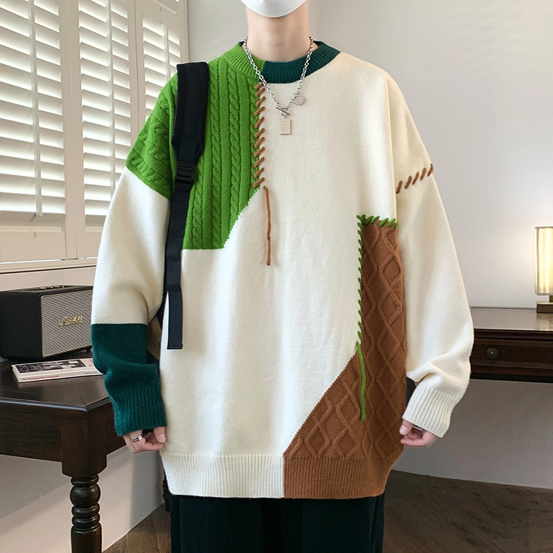 洋气先生 美式高街潮牌撞色多色拼接绣绳设计无性别主义潮流慵懒感个性卫衣日常通勤微阔圆领套头长袖简约休闲时尚百搭针织衫 男女同款