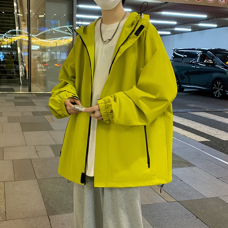 洋气先生 美式复古潮牌轻奢字母印花连帽拉链设计纯色长袖休闲舒适防风山系户外通勤徒步无性别主义简约百搭工装冲锋外套夹克 男女同款