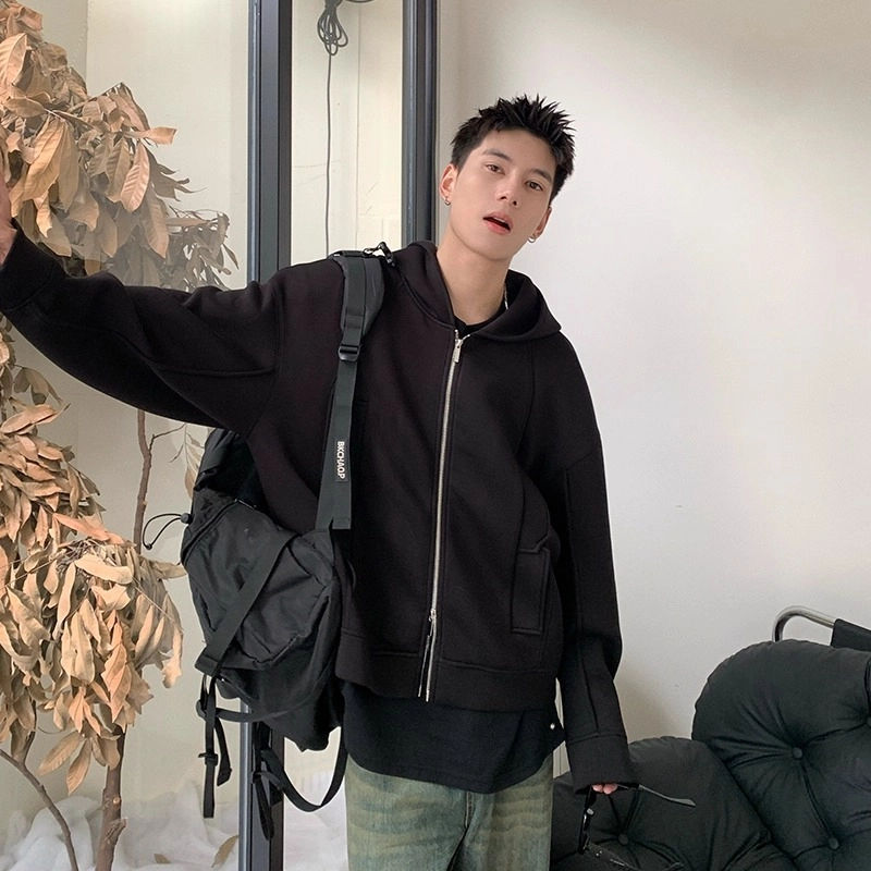 洋气先生 美式复古高街开衫连帽拼接设计宽松情侣外套通勤休闲皆可简约纯色基础款百搭潮牌透气舒适柔软慵懒氛围感卫衣 男女同款
