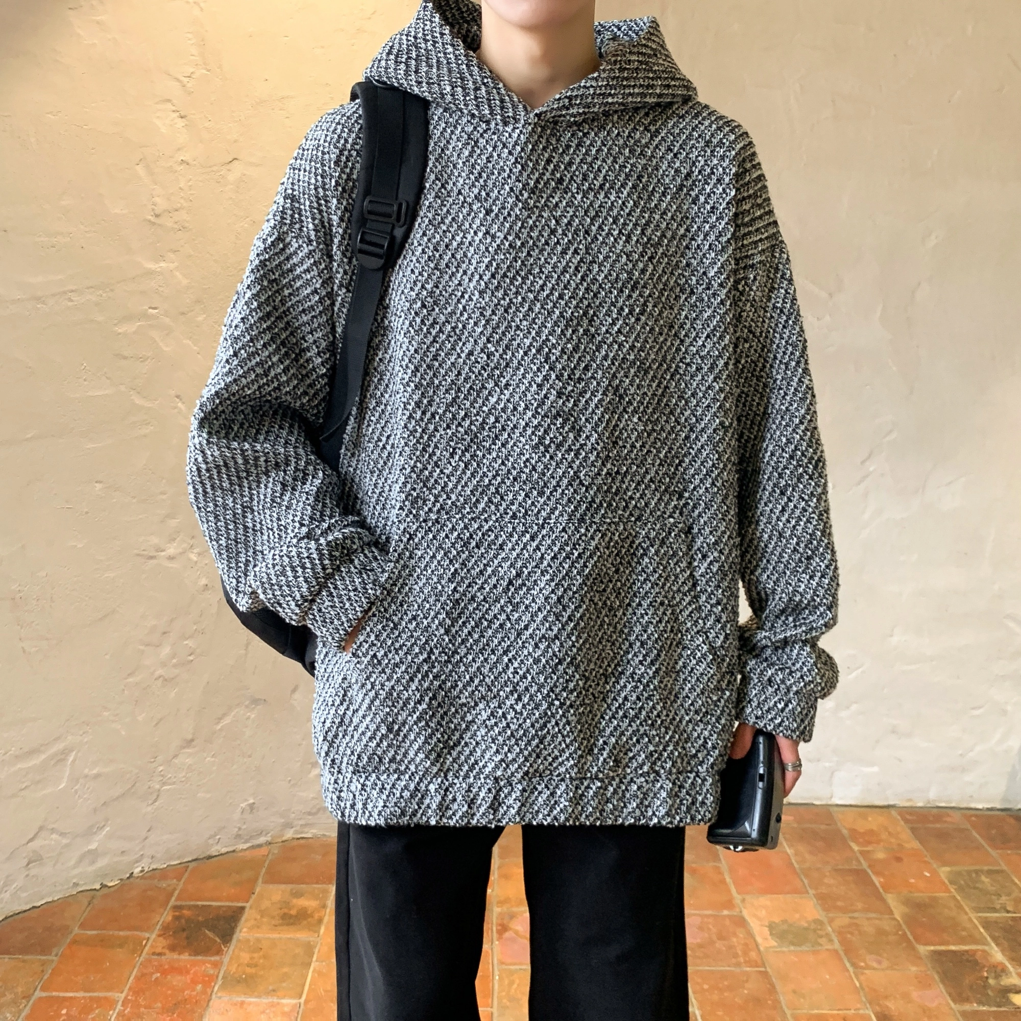 洋气先生 美式复古高街潮牌粗花斜纹设计感宽松百搭休闲小香风纹理感编织长袖套头痞帅日常户外运动连帽上衣春秋季卫衣 男女同款
