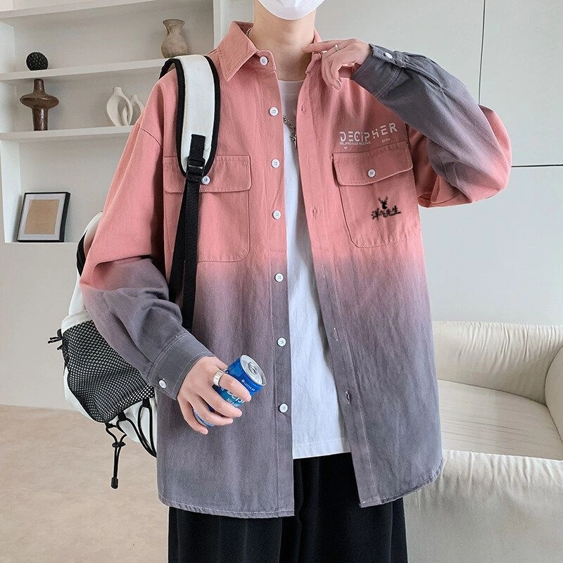 洋气先生 美式复古高街时尚潮流百搭学院风拼色翻领日常通勤休闲皆可简约基础款潮牌透气舒适柔软慵懒氛围感渐变上衣衬衫 男女同款