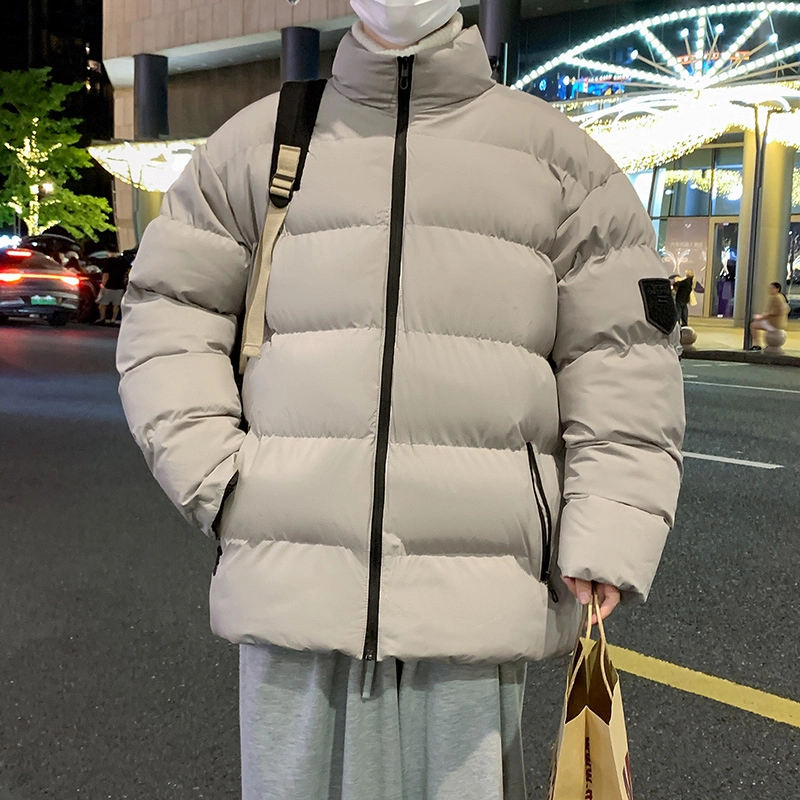 洋气先生 美式高街复古简约纯色基础款无性别主义加厚加绒保暖宽松潮流棉衣日常通勤百搭潮牌休闲防风立领臂章长袖棉服 男女同款