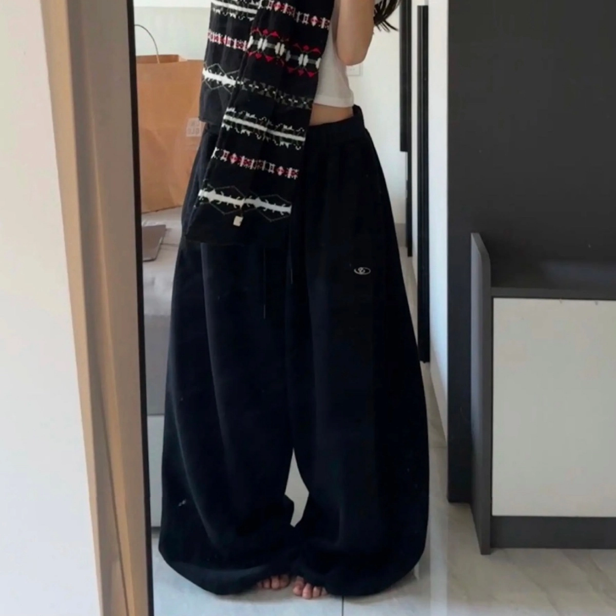 洋气先生 美式高街复古简约纯色小众设计感时尚潮流帅气百搭宽松阔腿垂感松紧中腰系带直筒显高显瘦学院风慵懒氛围感休闲裤 男女同款