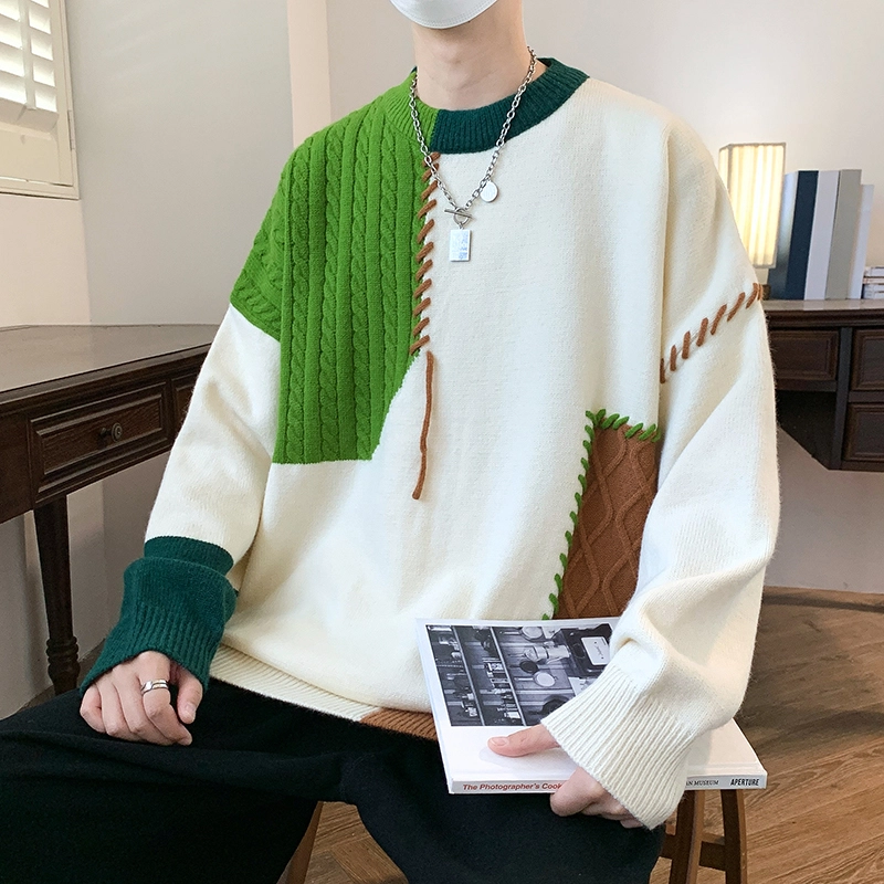 洋气先生 美式高街潮牌撞色多色拼接绣绳设计无性别主义潮流慵懒感个性卫衣日常通勤微阔圆领套头长袖简约休闲时尚百搭针织衫 男女同款