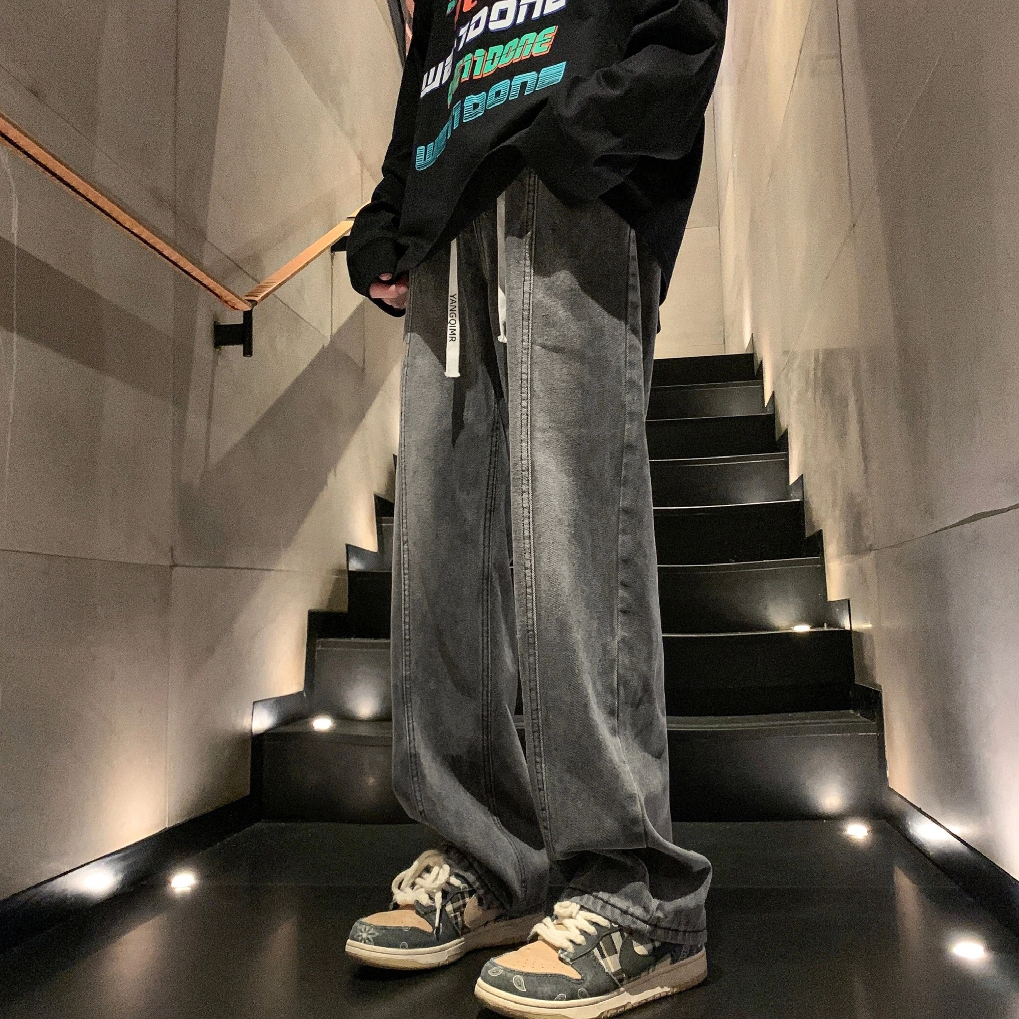 洋气先生 美式复古高街纯色水洗做旧磨白废土风宽松中腰松紧抽绳系带弹力直筒百搭阔腿无性别主义日常通勤运动休闲牛仔裤 男女同款