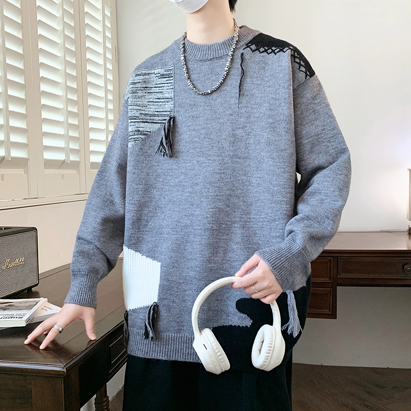 洋气先生 美式高街潮牌撞色拼接小众设计无性别主义纯色潮流慵懒感卫衣日常通勤微阔圆领套头长袖简约休闲时尚百搭针织衫 男女同款