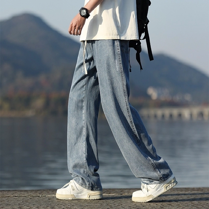 洋气先生 美式高街复古纯色水洗做旧宽松休闲直筒松紧腰抽绳系带透气中腰基础款显瘦垂感简约百搭舒适潮流显高阔腿牛仔裤 男女同款