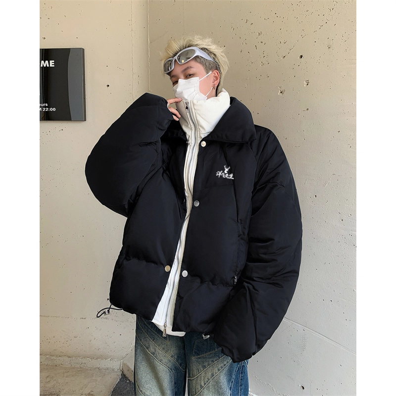 洋气先生 美式复古潮牌高街假两件设计无性别主义宽松舒适保暖立领开衫拉链日常通勤户外防风休闲简约时尚潮流百搭上衣外套棉服 男女同款